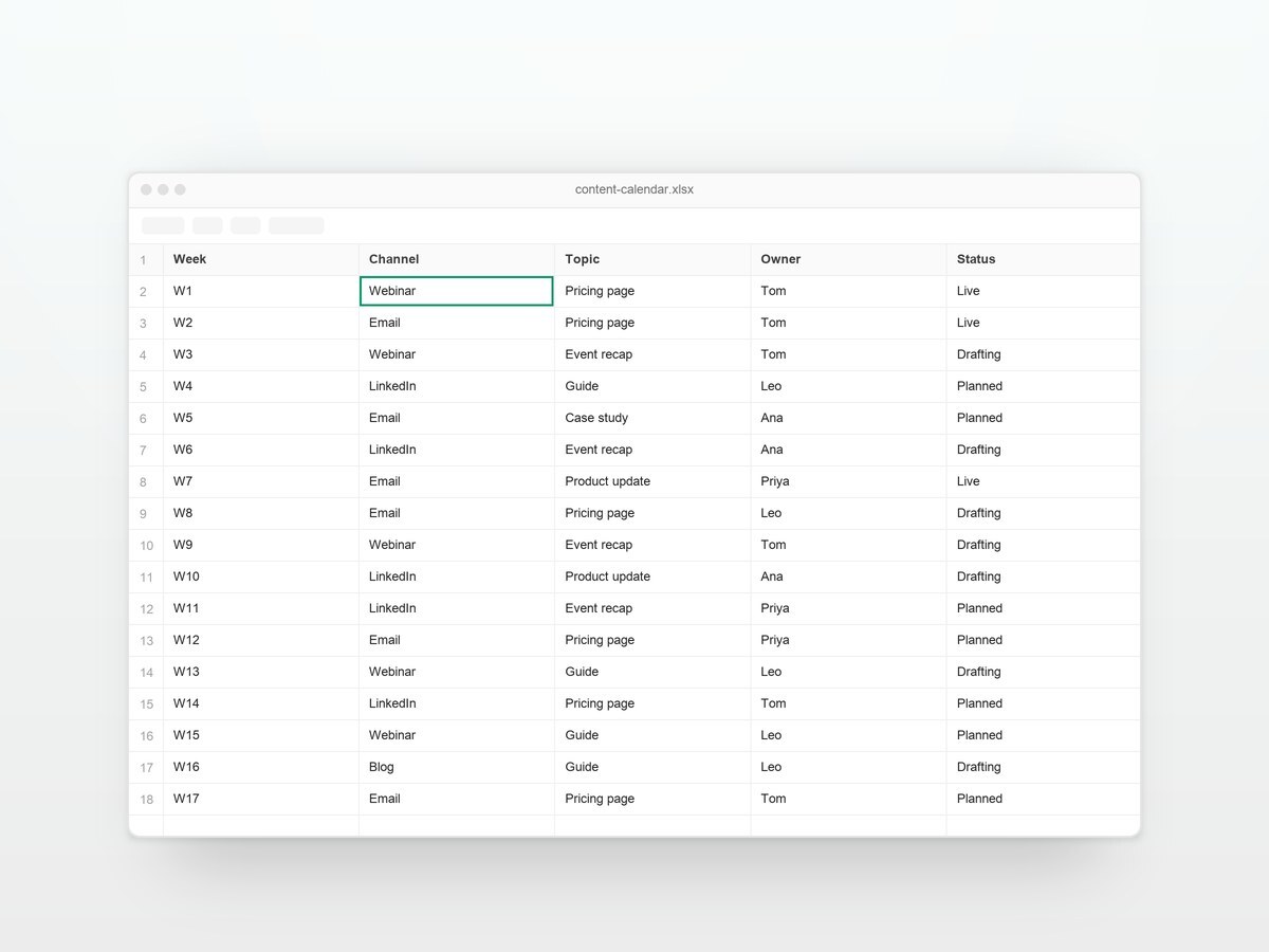 The content calendar open in a spreadsheet
