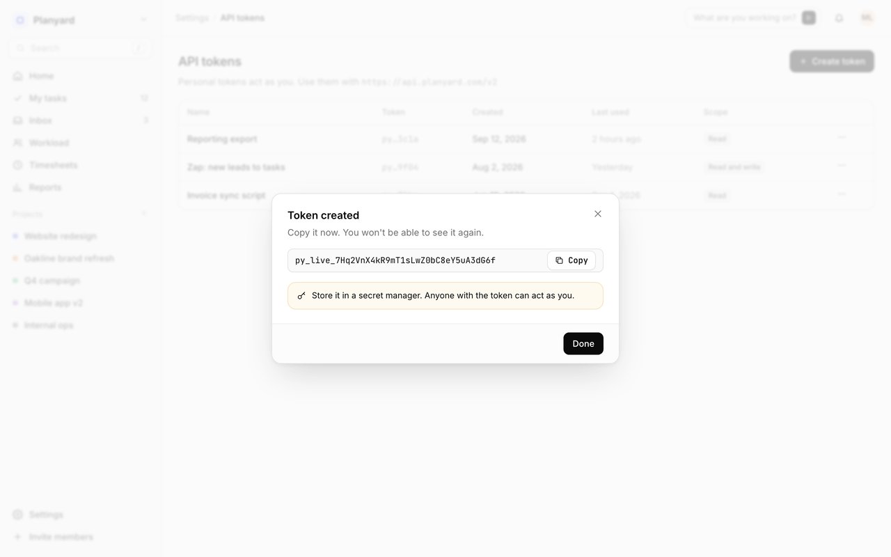 API tokens page with create dialog