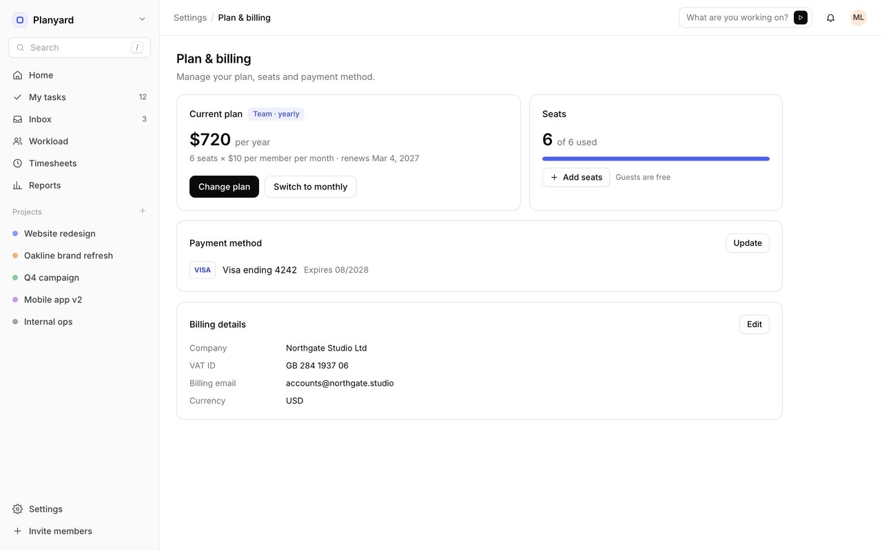 Plan and billing page