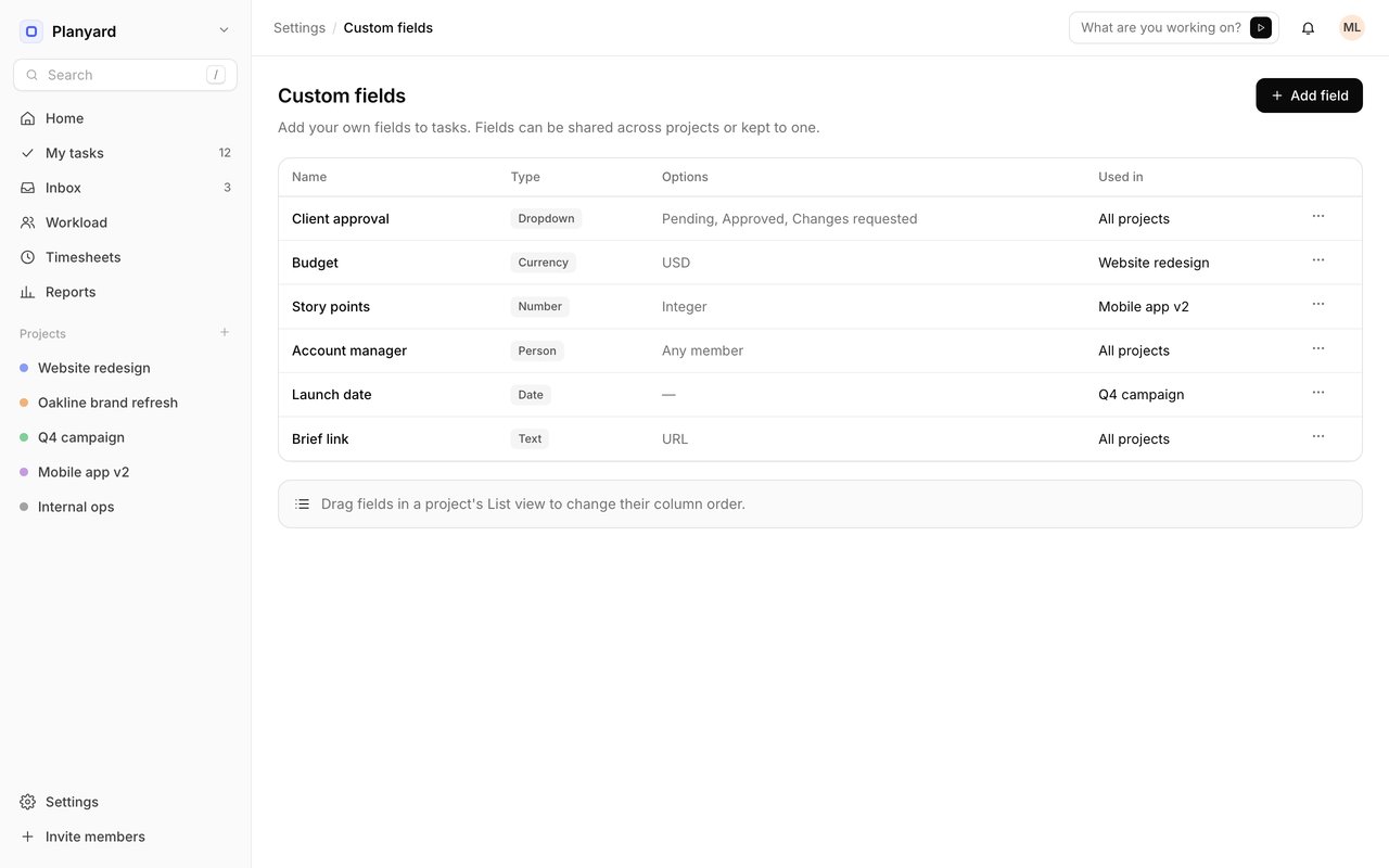 Custom fields settings list