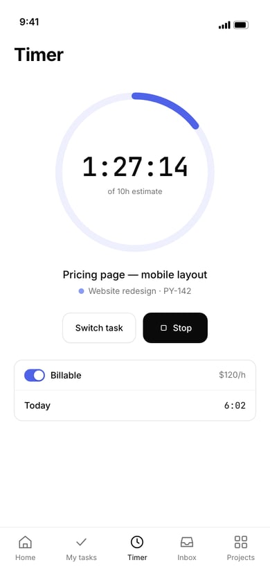 Mobile timer screen