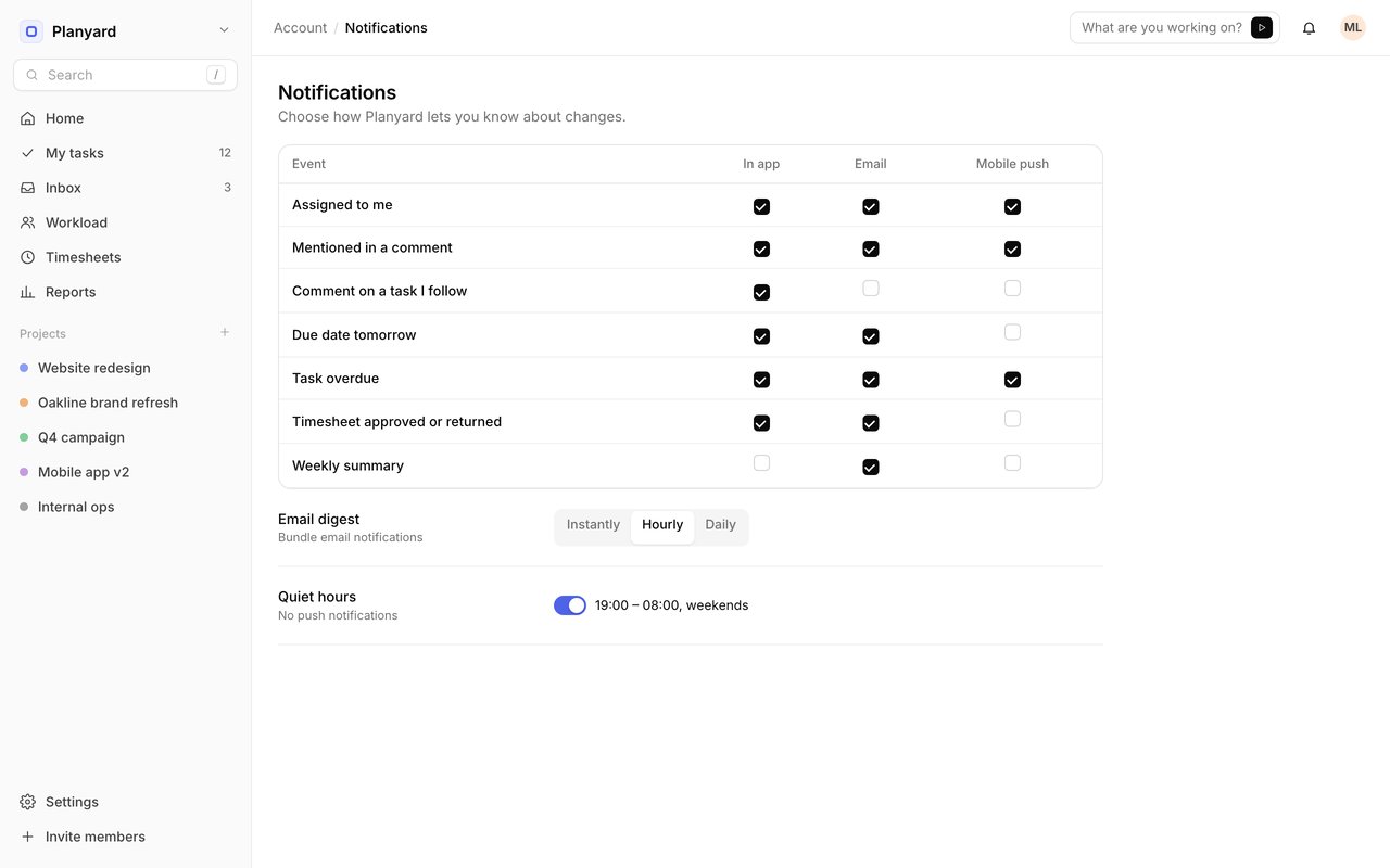Notification settings matrix