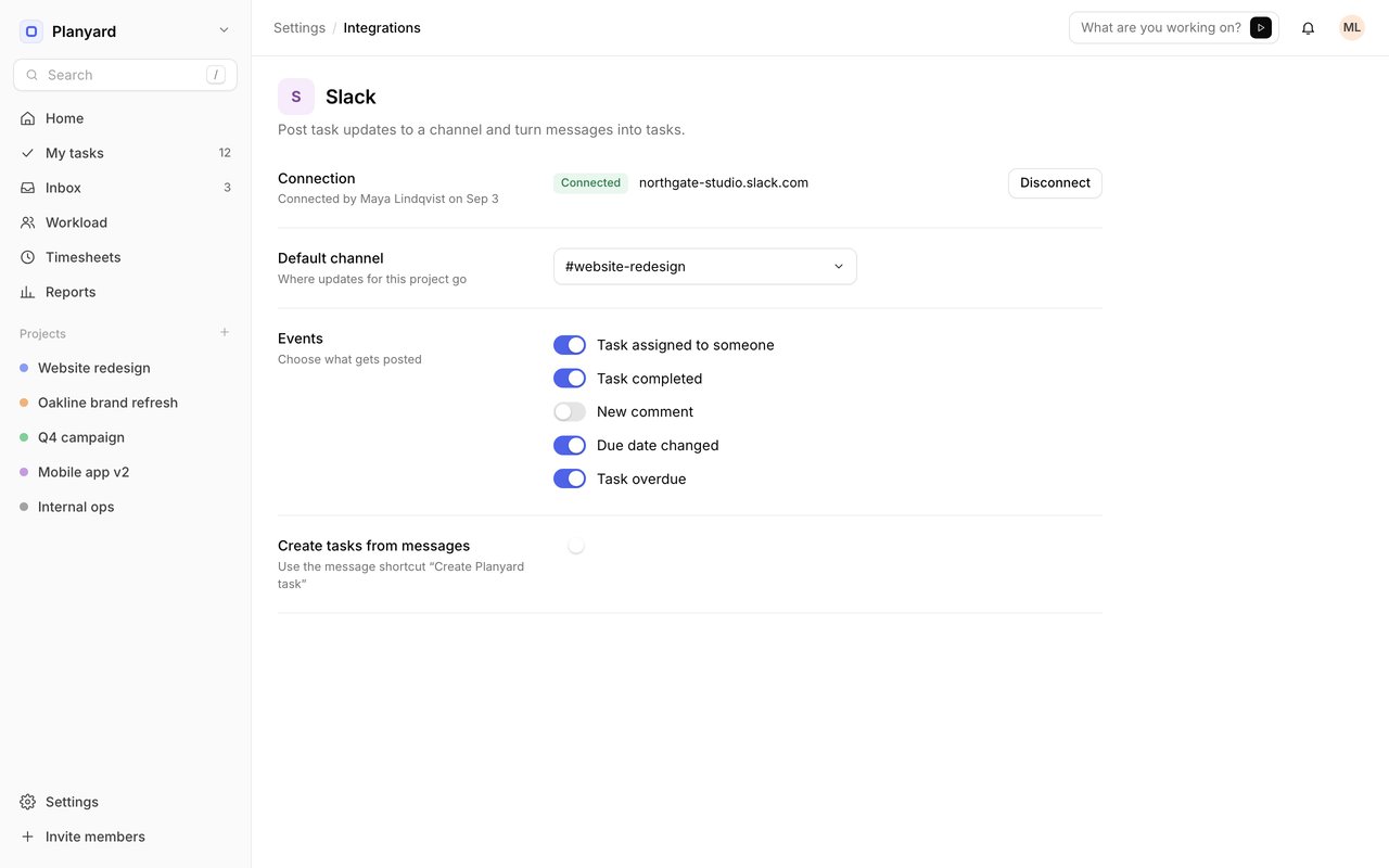 Slack settings with channel and event toggles