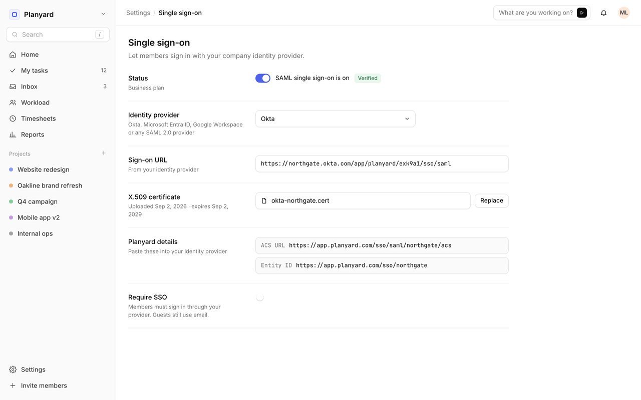 SAML SSO settings