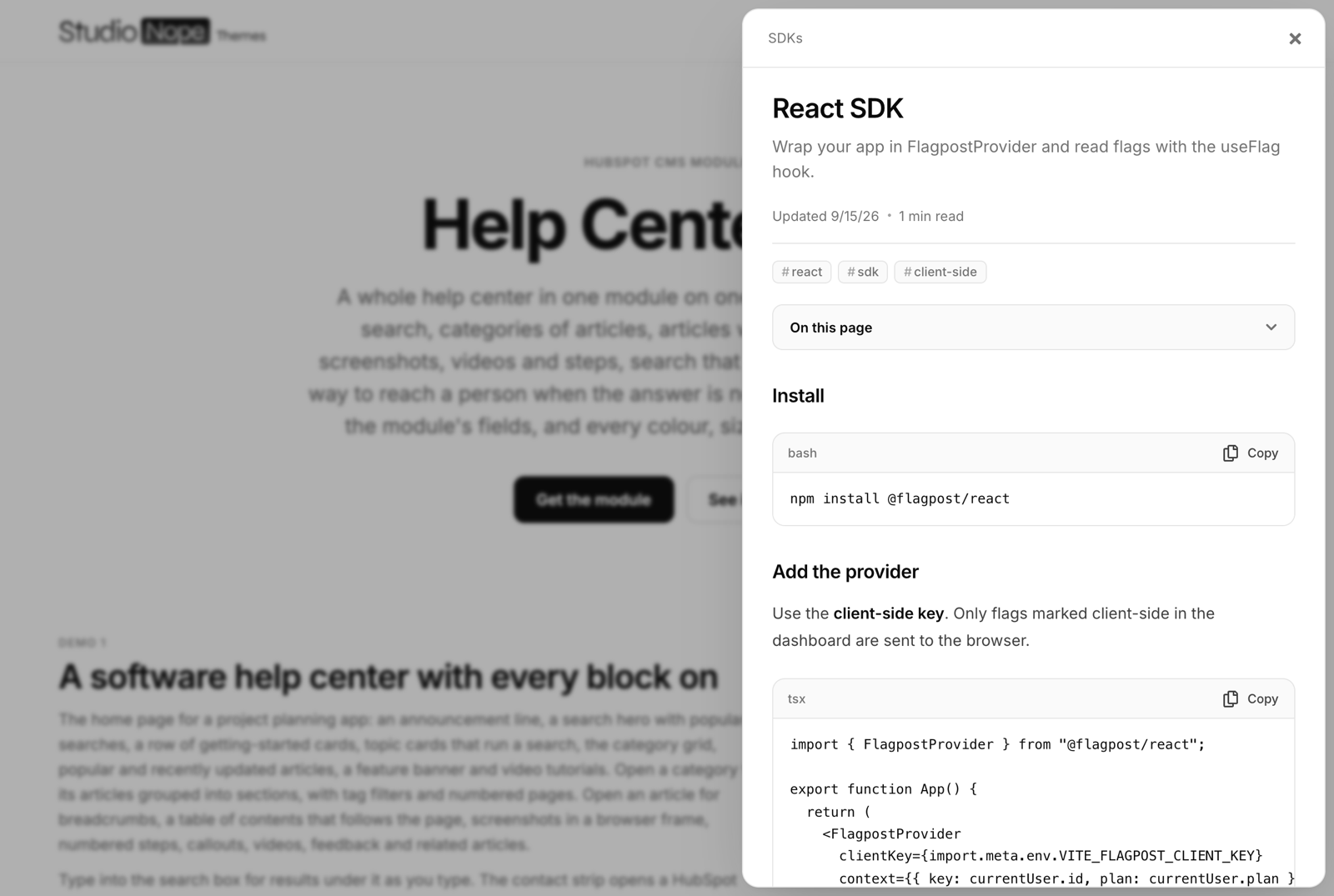 Developer documentation open in a side panel with code blocks and copy buttons