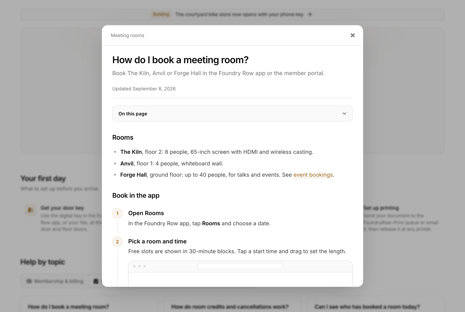 An article about booking a meeting room open in a dialog over the help center