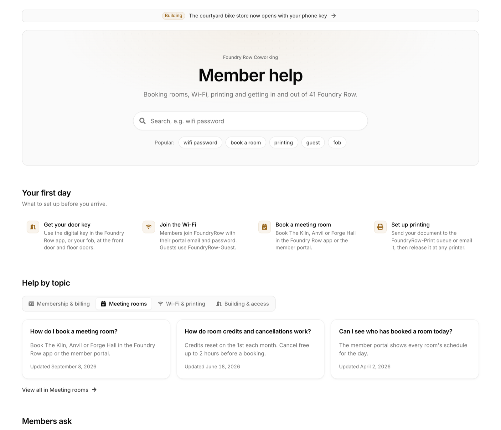 A help center home page with a tab per category and article cards under the selected tab