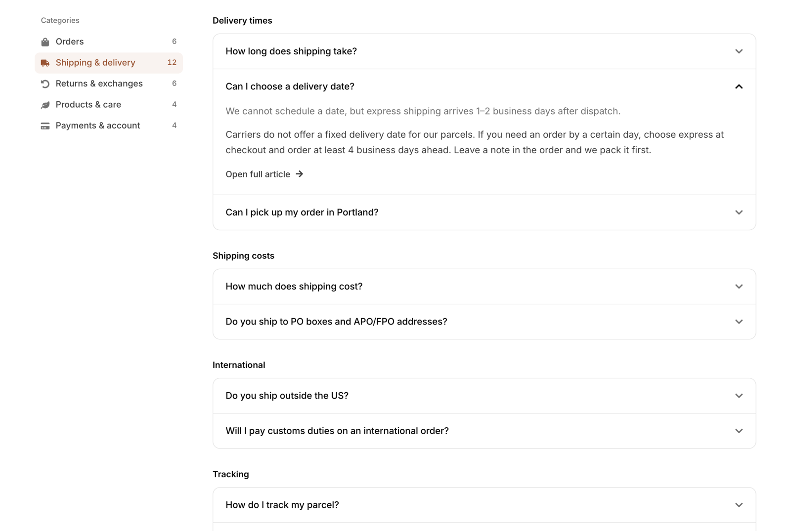 A category of questions, one opened with its answer and a link to the full article