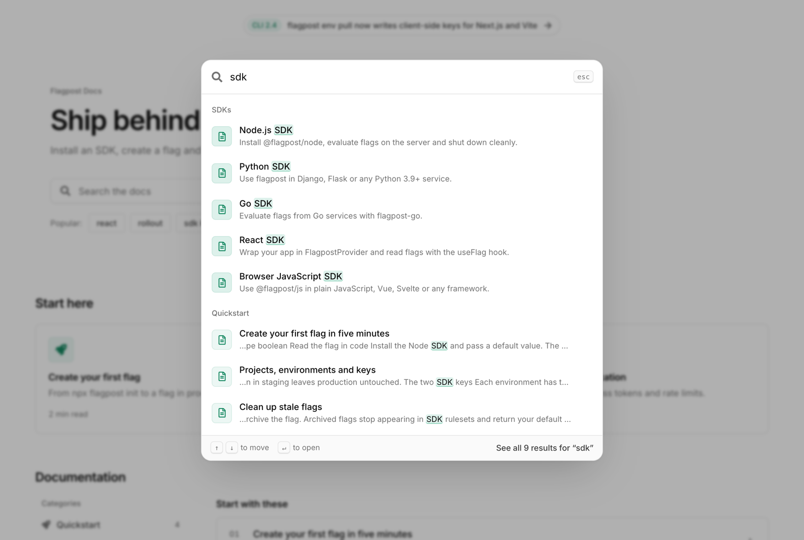 A search pop-up over developer docs, with results grouped by category and the matches marked