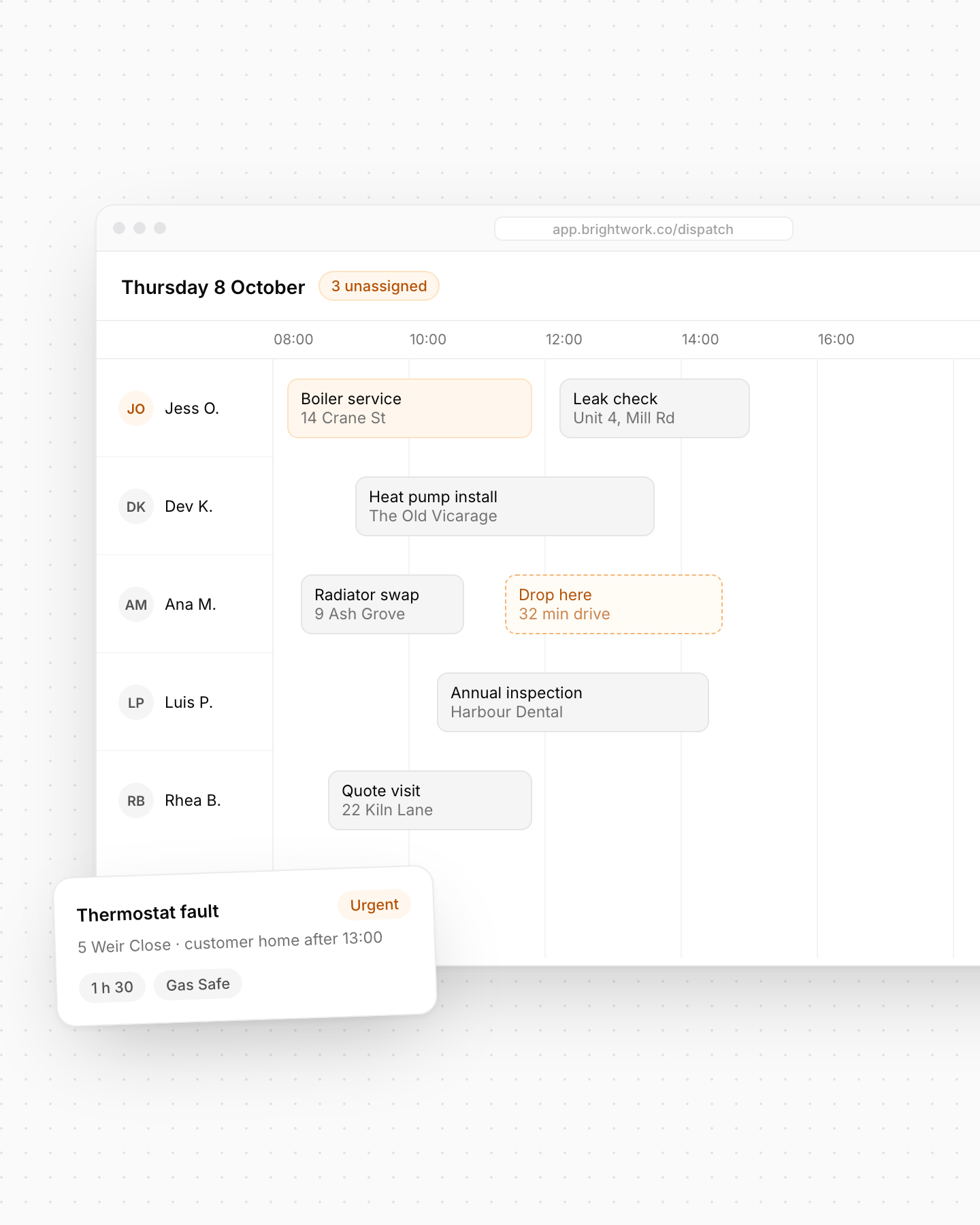 The Brightwork dispatch board with a day of jobs