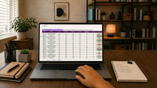 A ledger open on a laptop at a warm desk