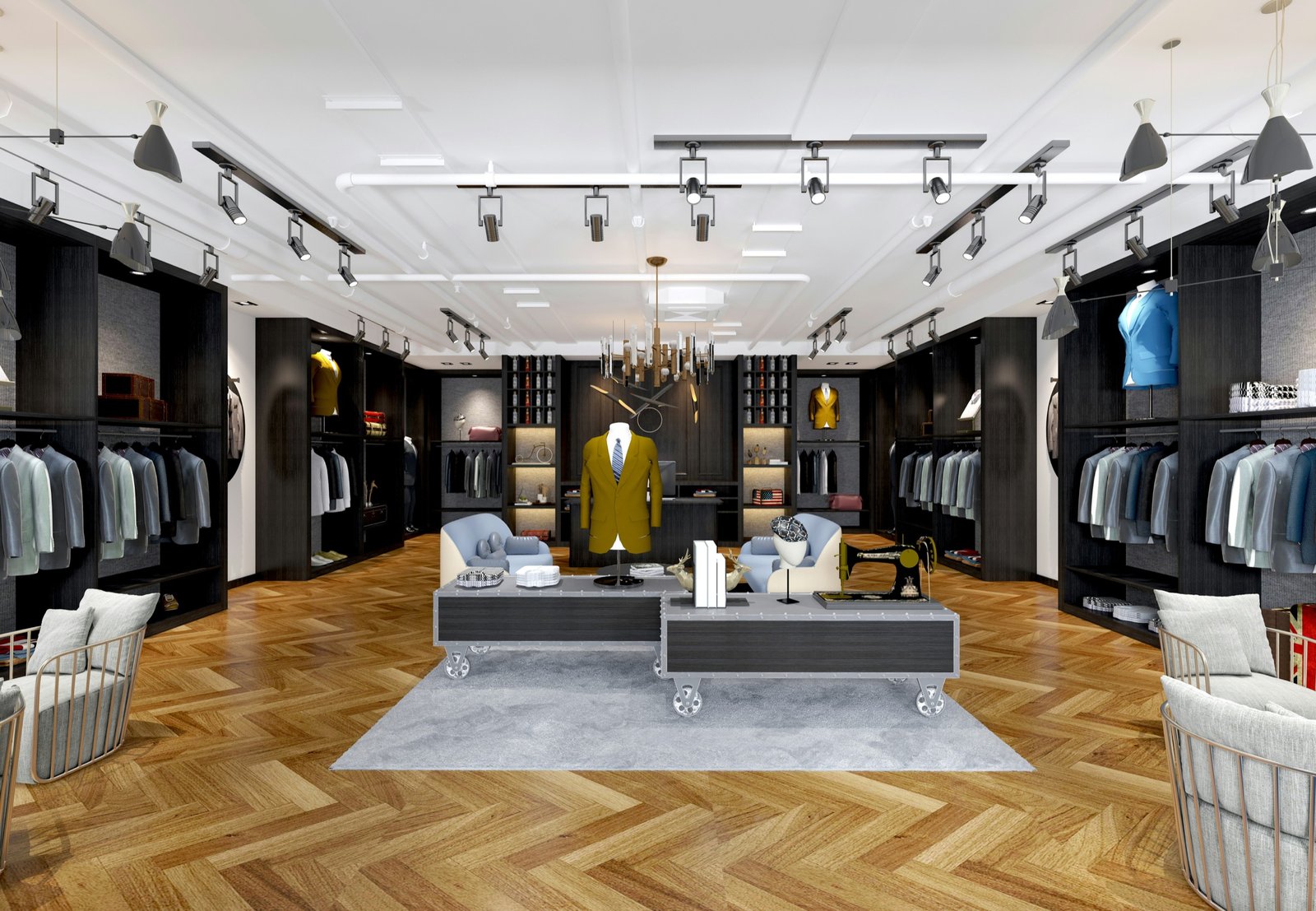 Empty menswear boutique with rails of tailoring