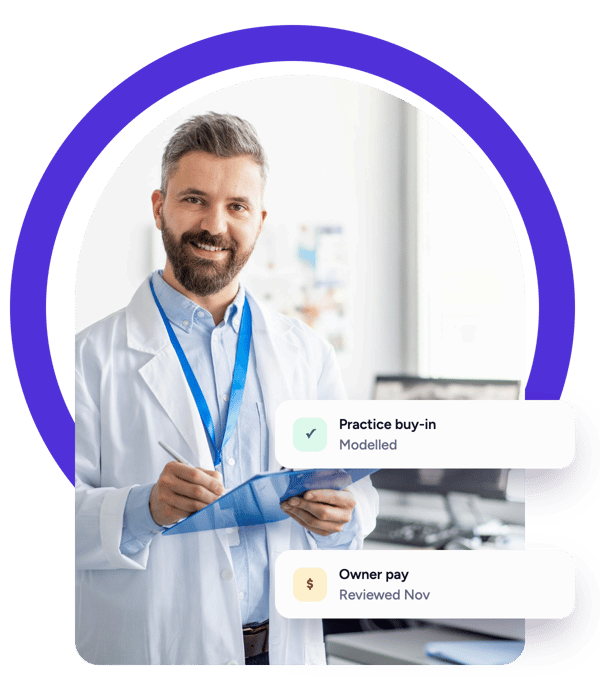 A dental practice owner with a modelled buy-in and reviewed owner pay