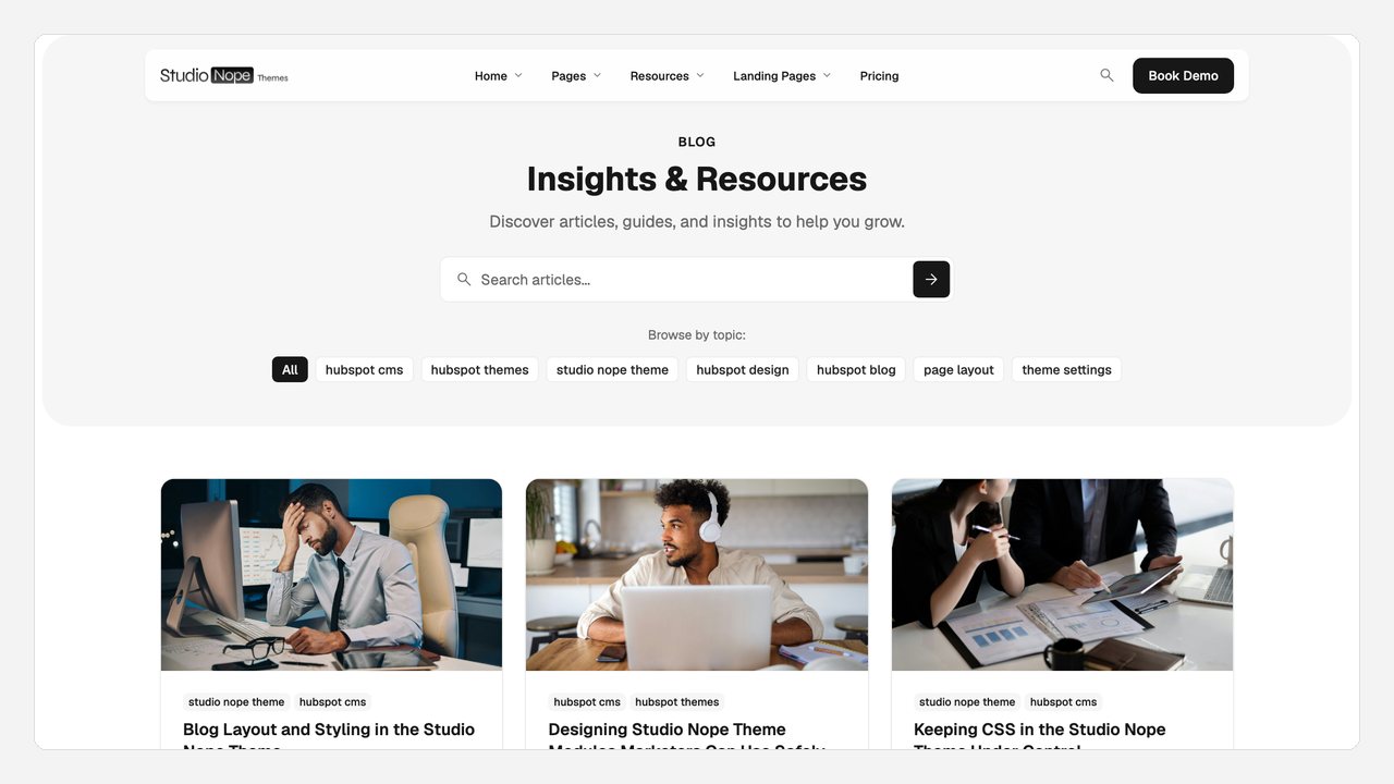 A blog listing with a search field, tag chips and post cards