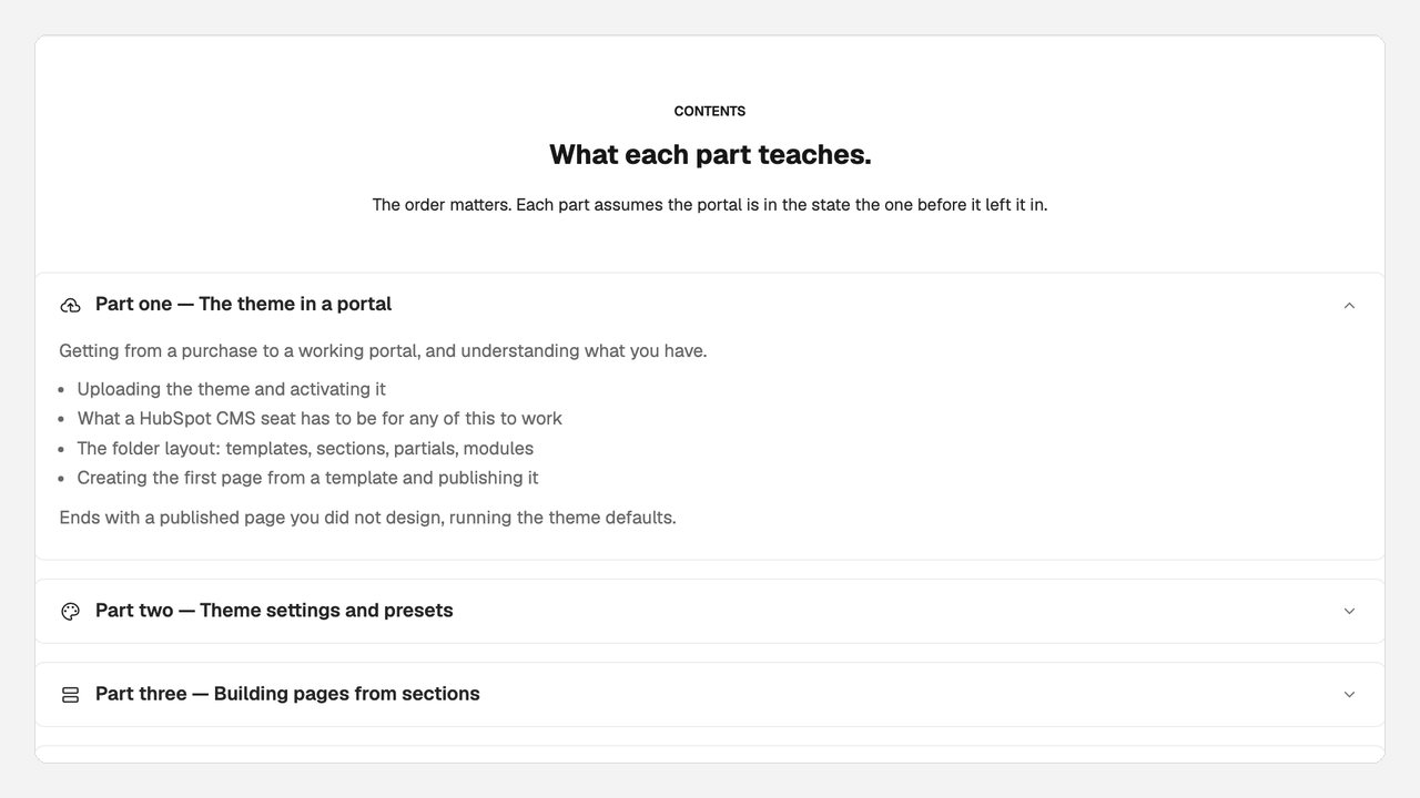 A course outline as a list of expandable parts