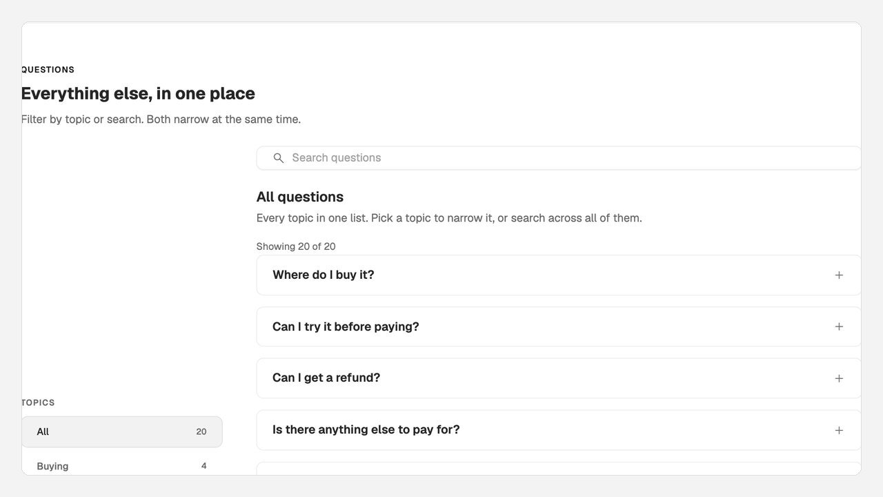The questions page, a long accordion of answers