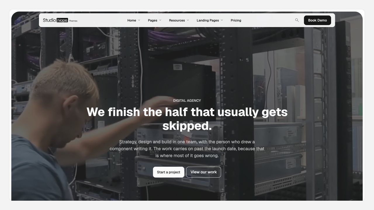 A homepage built from the theme, with a heading over a photographic hero