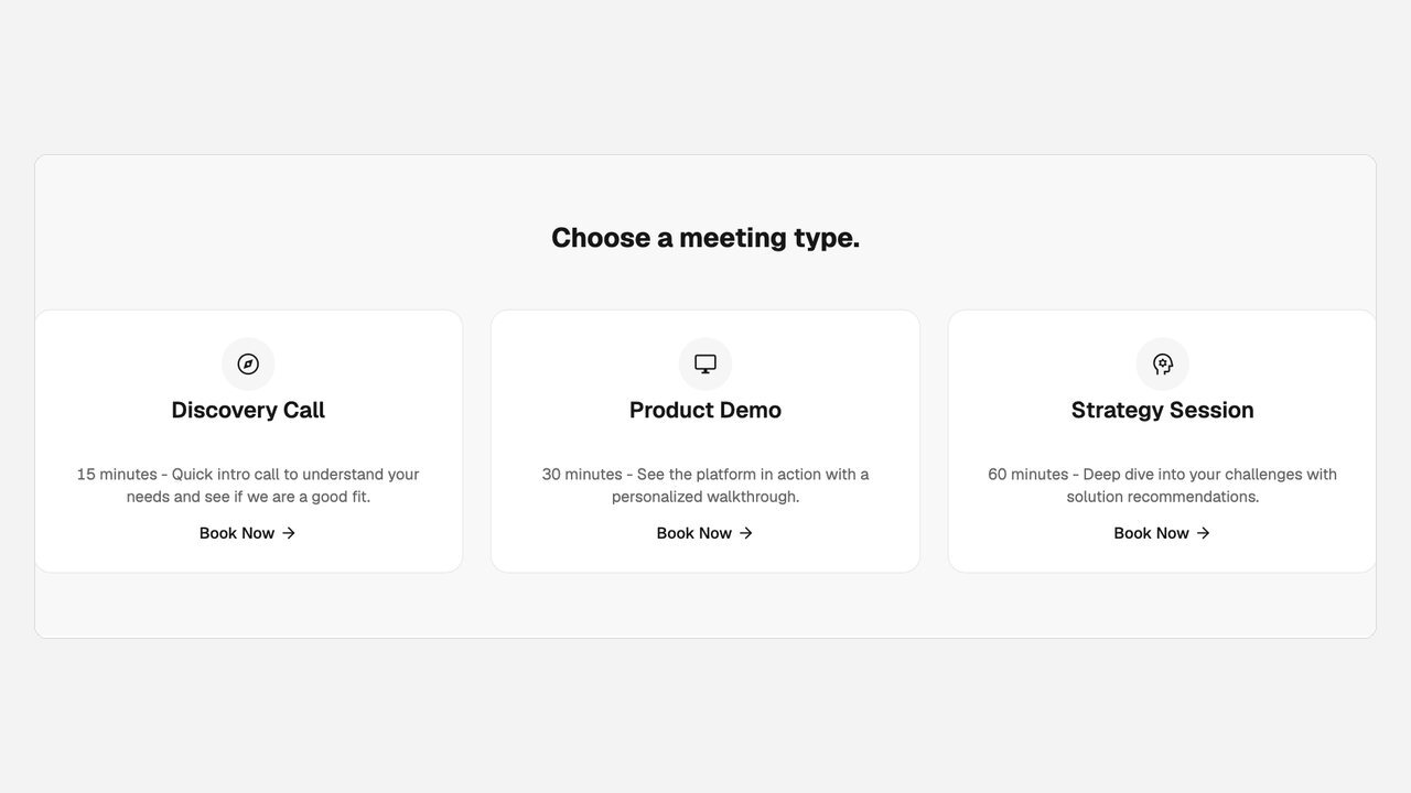 Three meeting type cards with durations and booking links