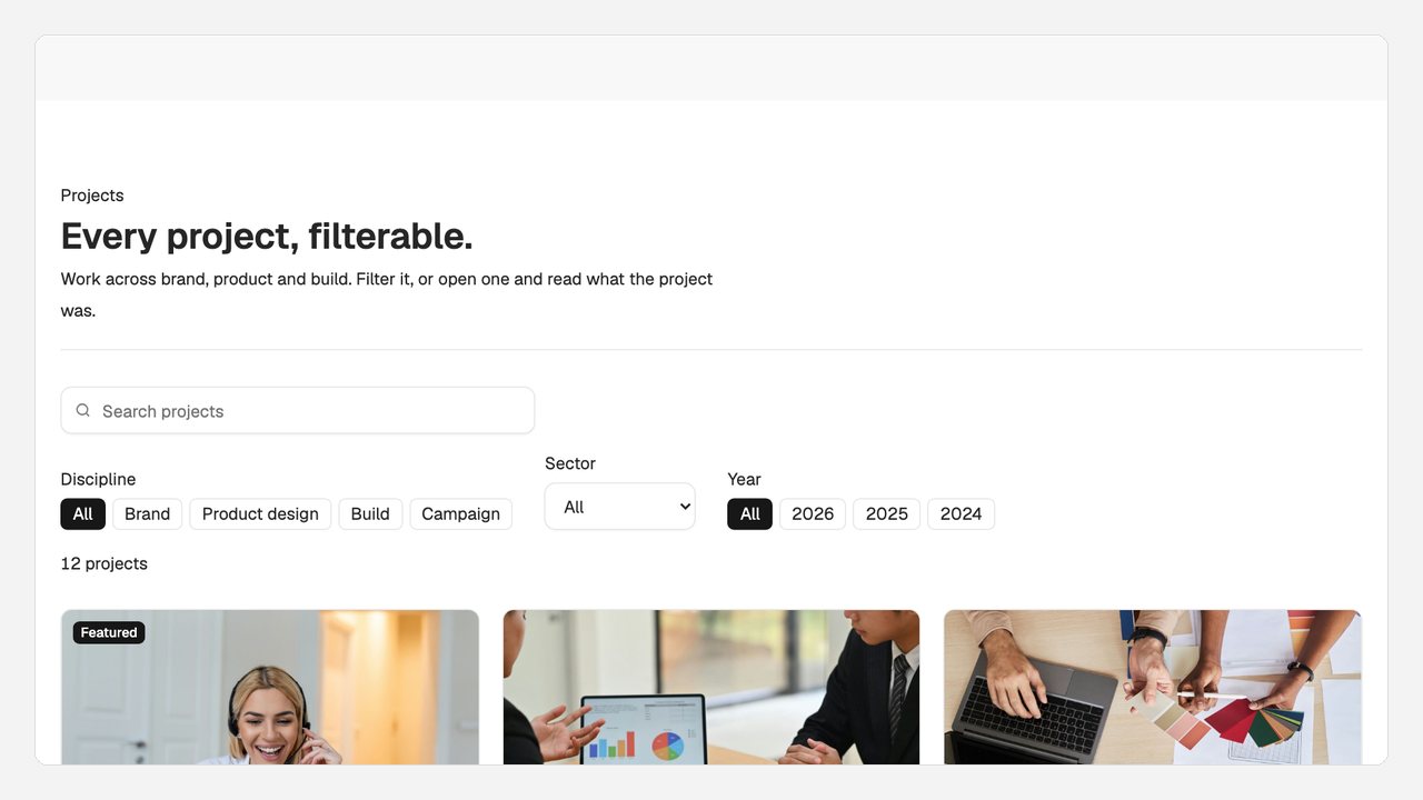 A filterable project grid built from the theme portfolio template