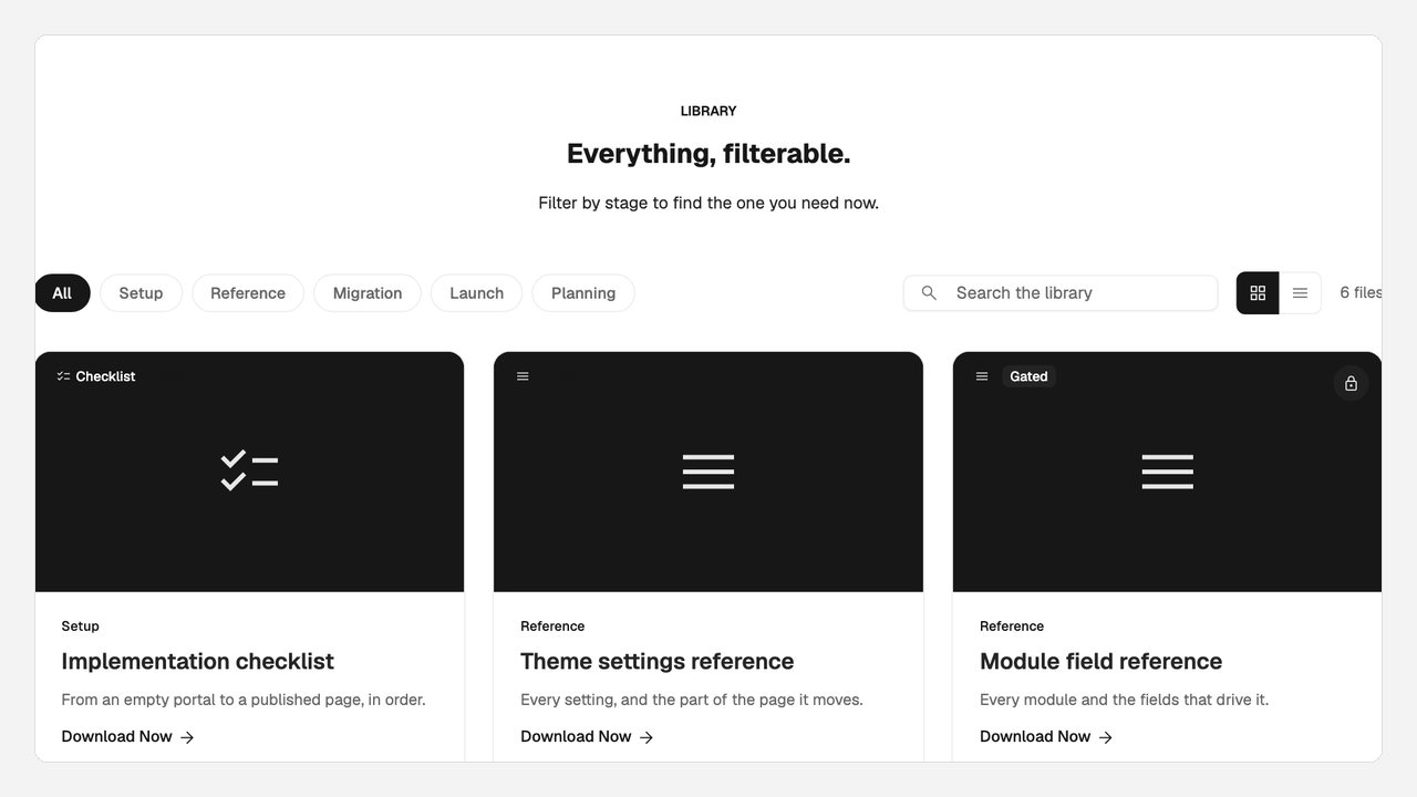 A filterable grid of downloadable reference documents