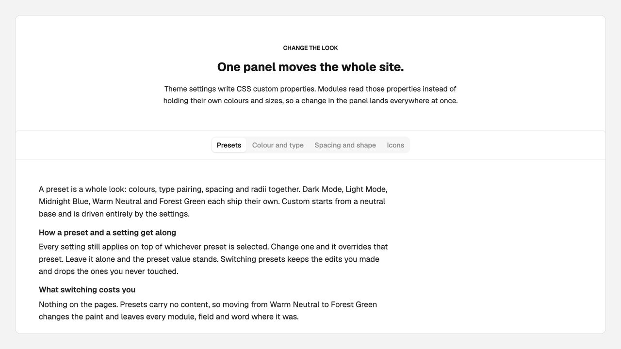 A tab strip switching between preset, colour, typography and layout settings