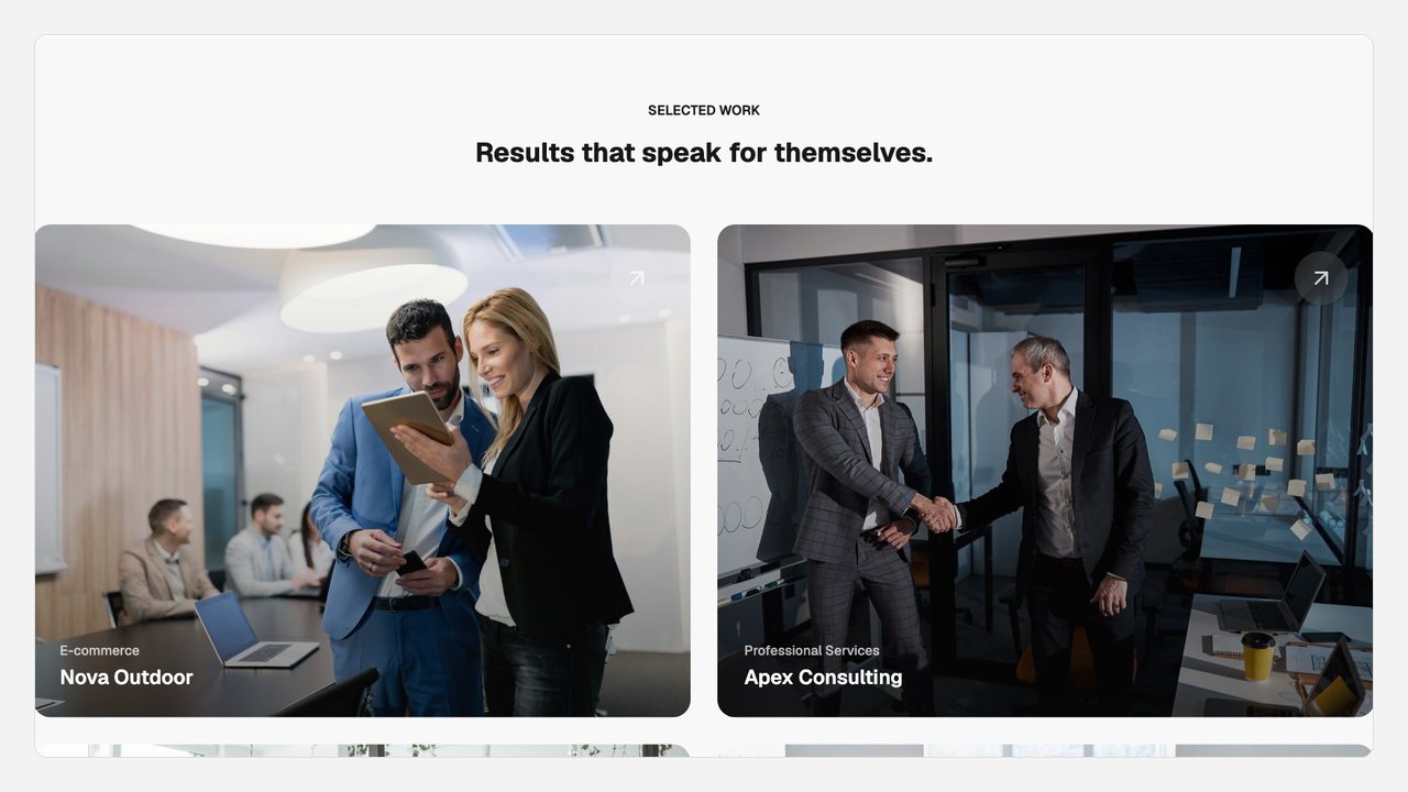 A two-column grid of project cards with photographs and captions