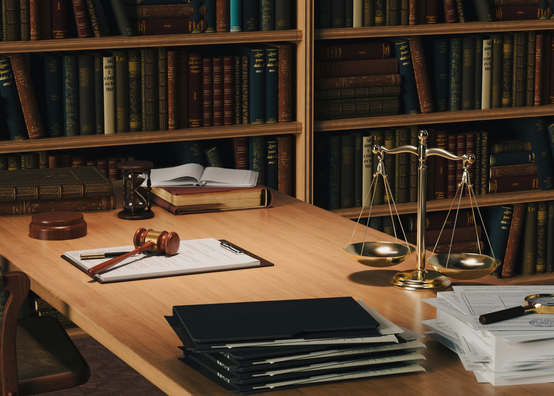 Library desk with law books, gavel, and scales of justice