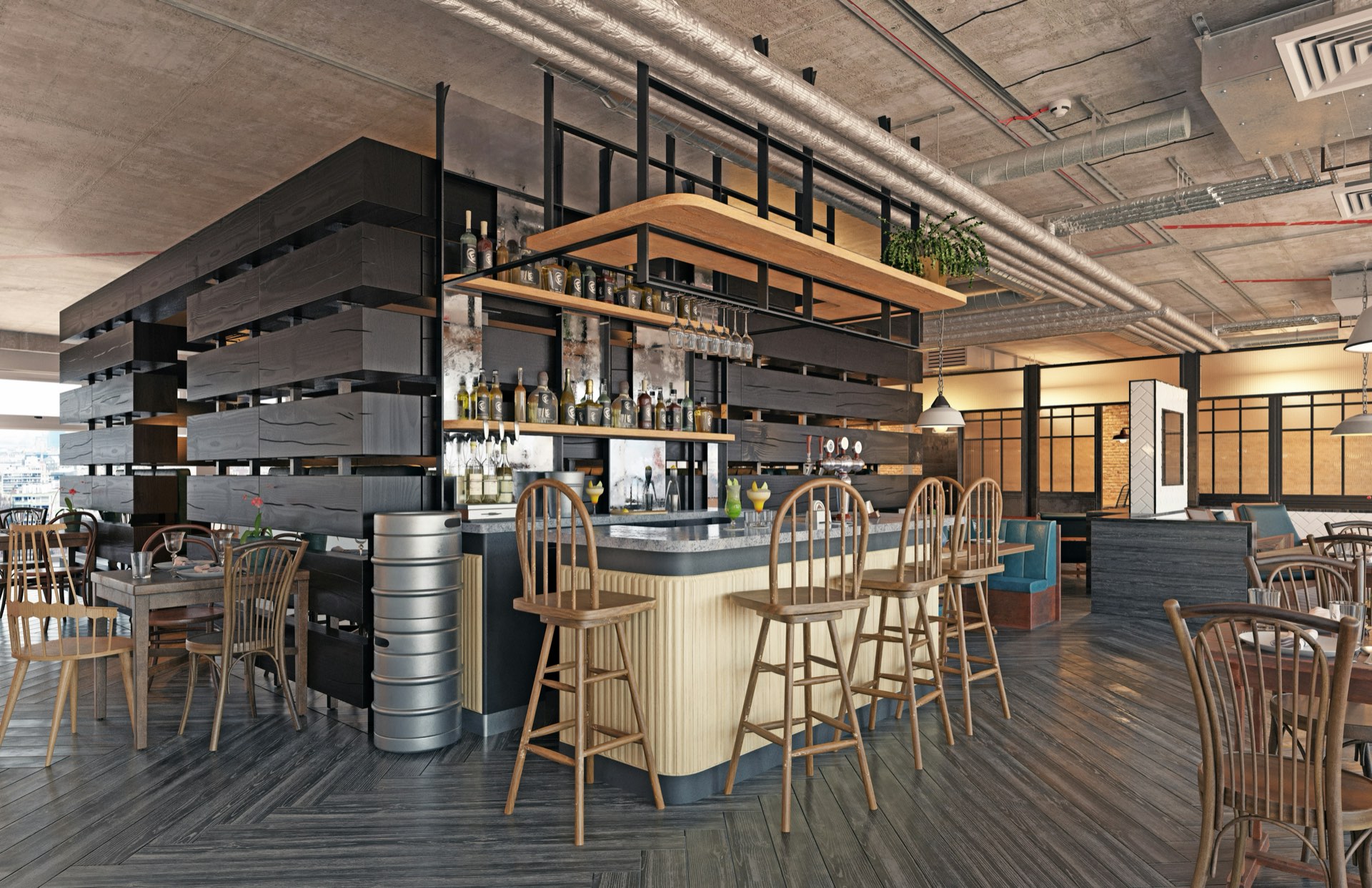 Bar seating with stools and shelved bottles